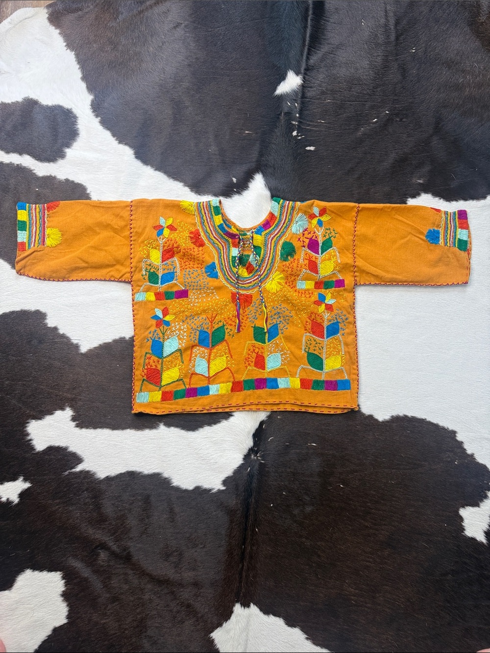 Embroidered Orange Women's Tunic Blouse with Multicolor Motifs